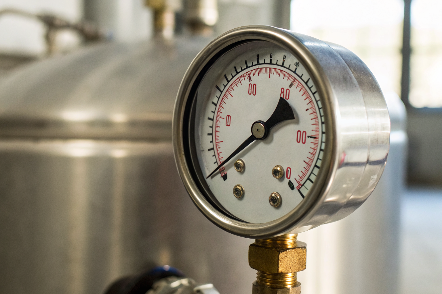 Close-up of pressure tank gauge showing pressure readings.
