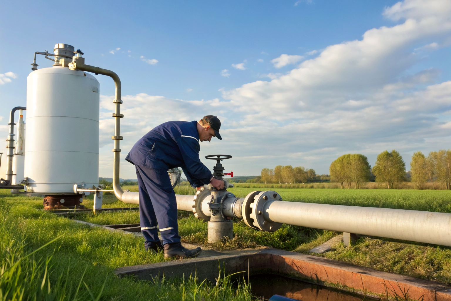 Technician inspecting pressure tank and wellhead outdoors.