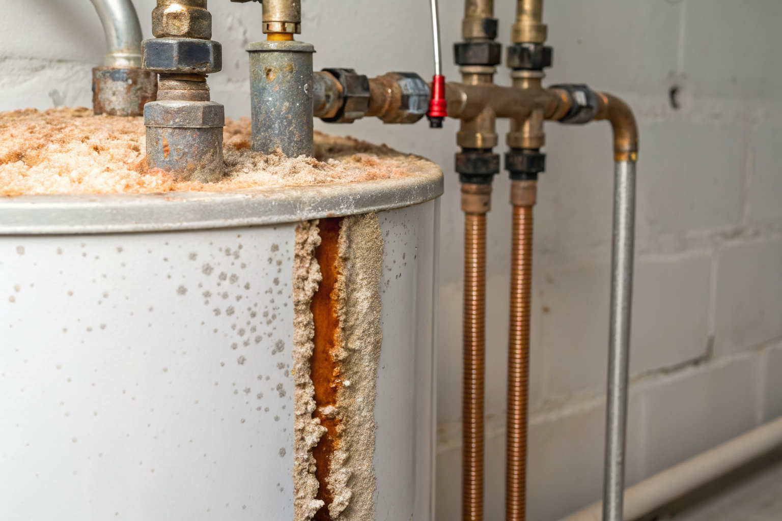 Mineral deposits on water heater elements illustrating scale buildup.