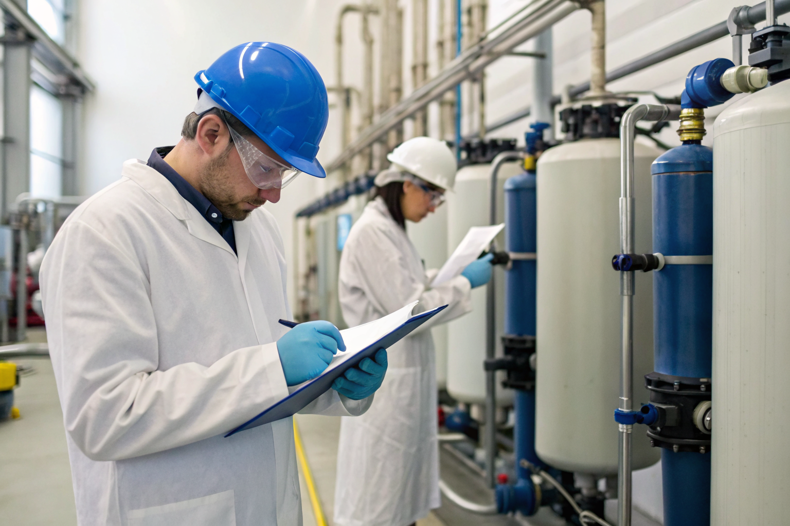 Technicians performing NSF certification tests on water systems.