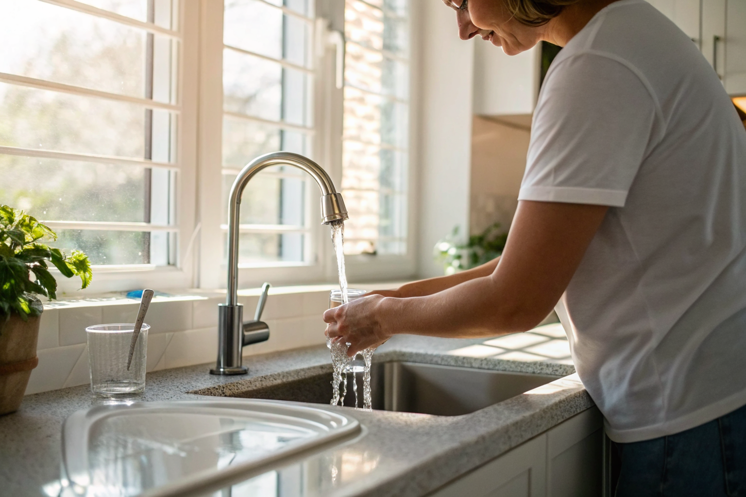 Person using tap water in a calm kitchen setting.