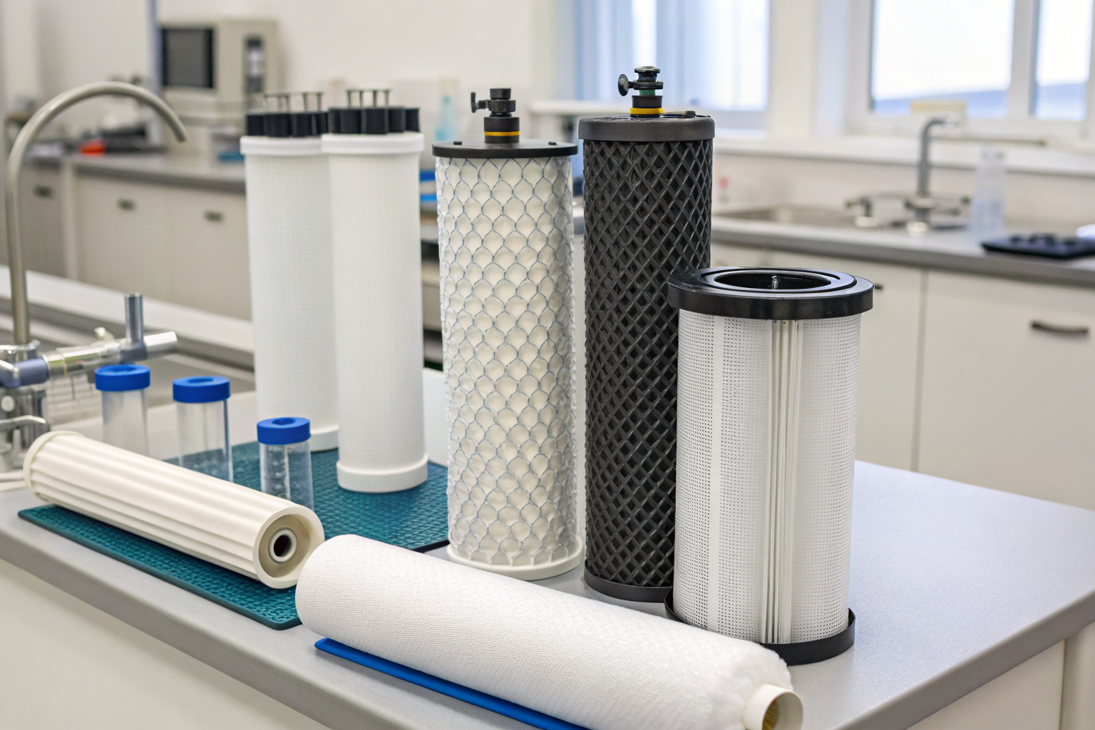 Lab setup with PFAS removal technologies: filters and membranes.