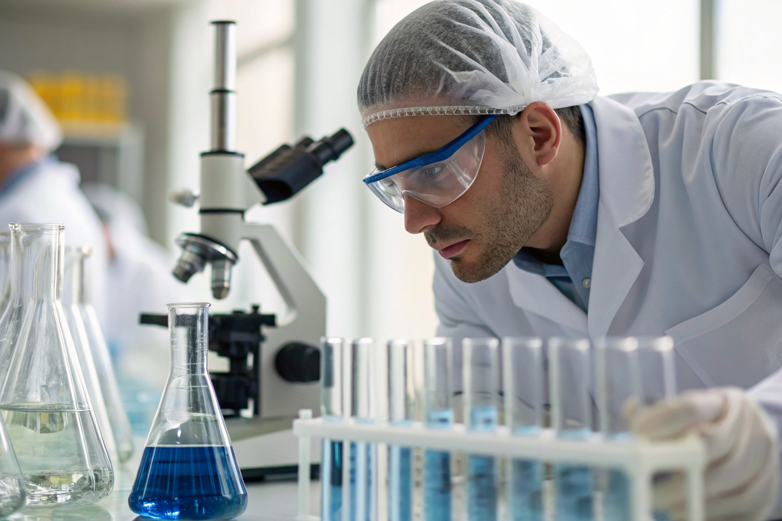 Scientist analyzing water samples for PFAS in a lab.