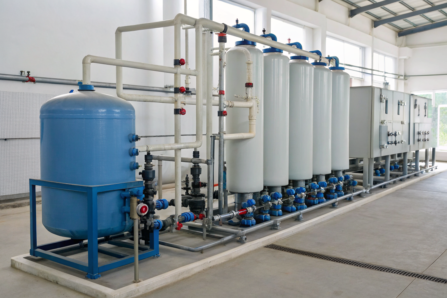 Schematic of a water treatment system with pH correction first.