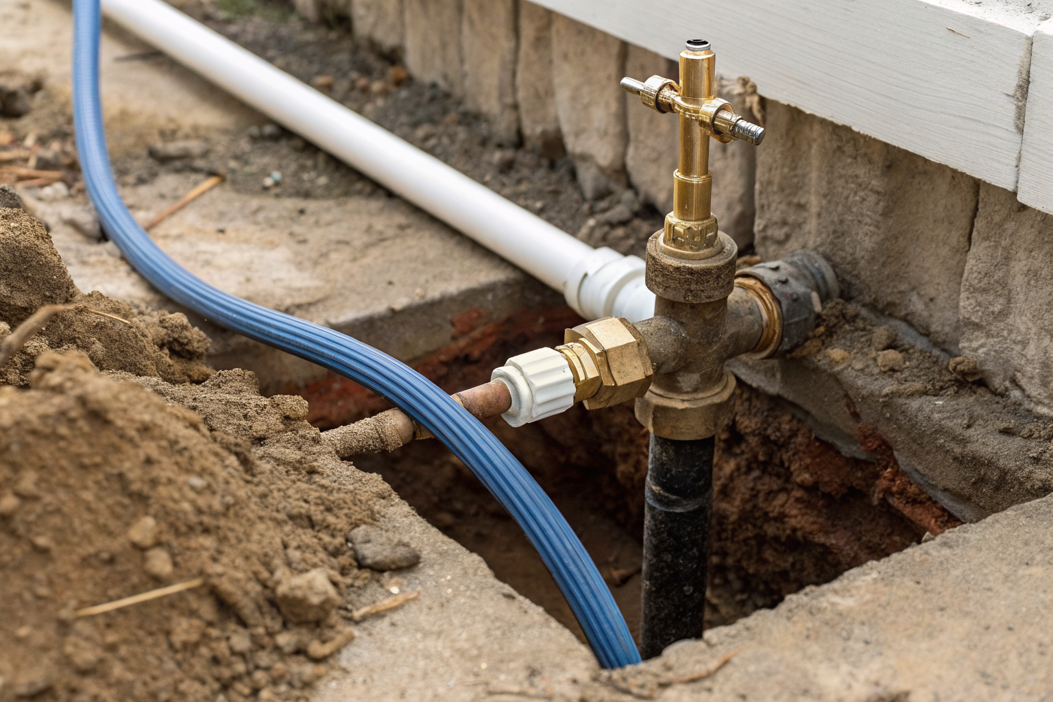 Pitless adapter connecting well to house plumbing below frost line.