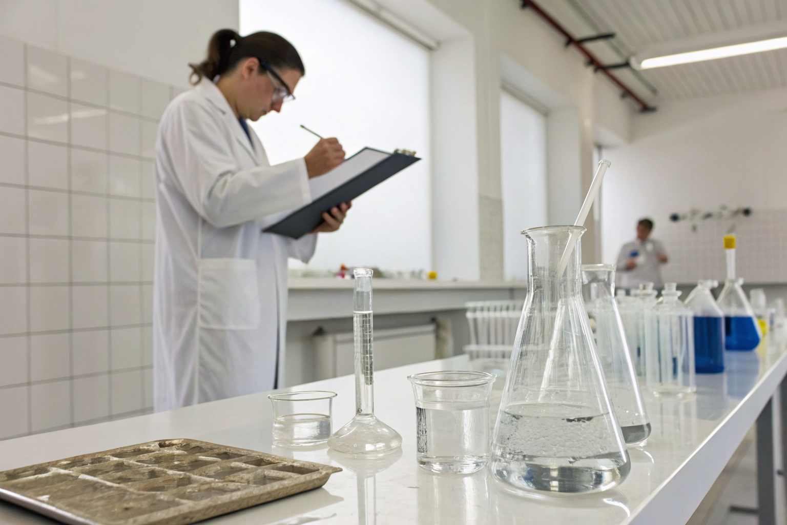 Lab table with water samples, test equipment, and a baseline chart.