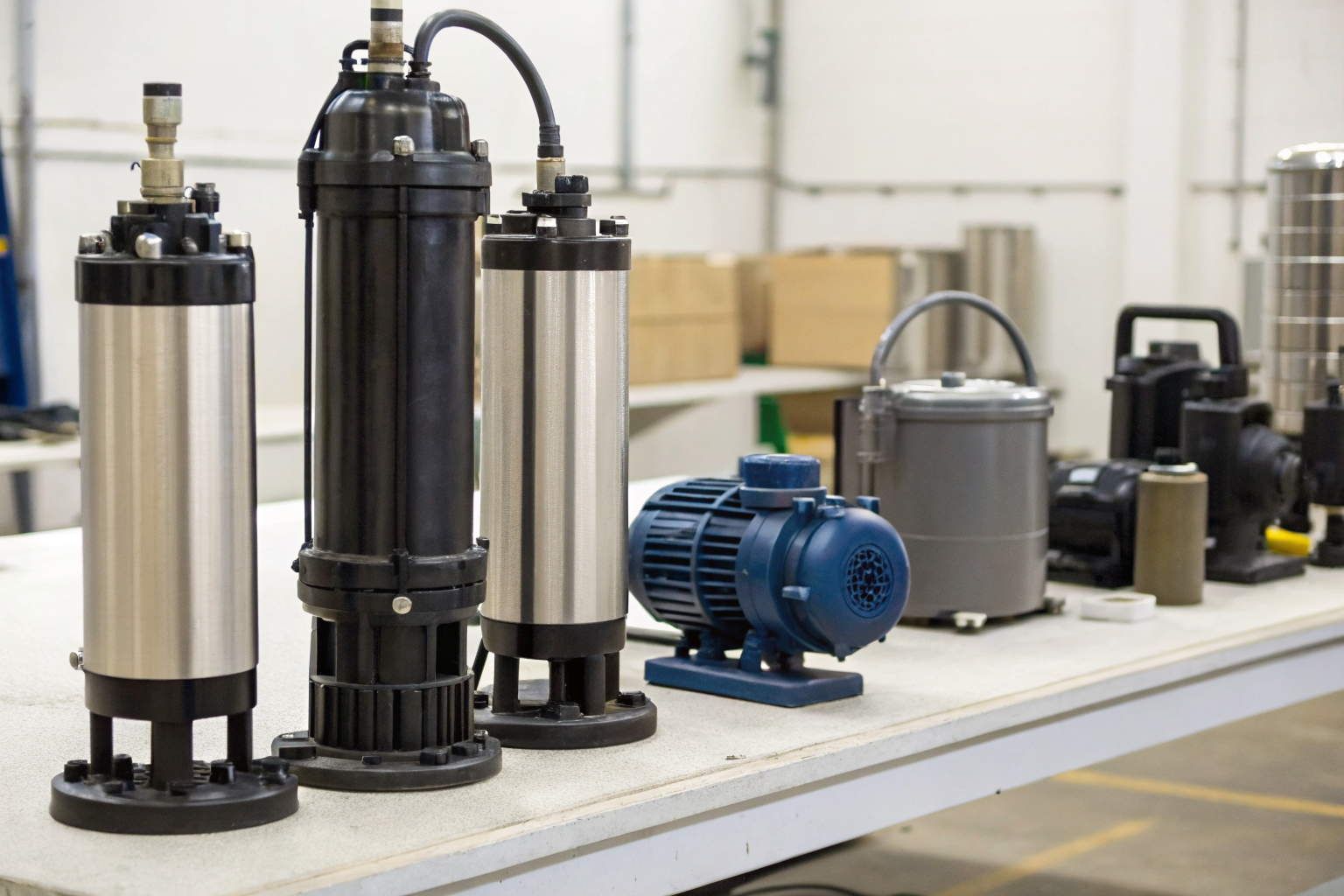 Different types of well pumps on a workbench.