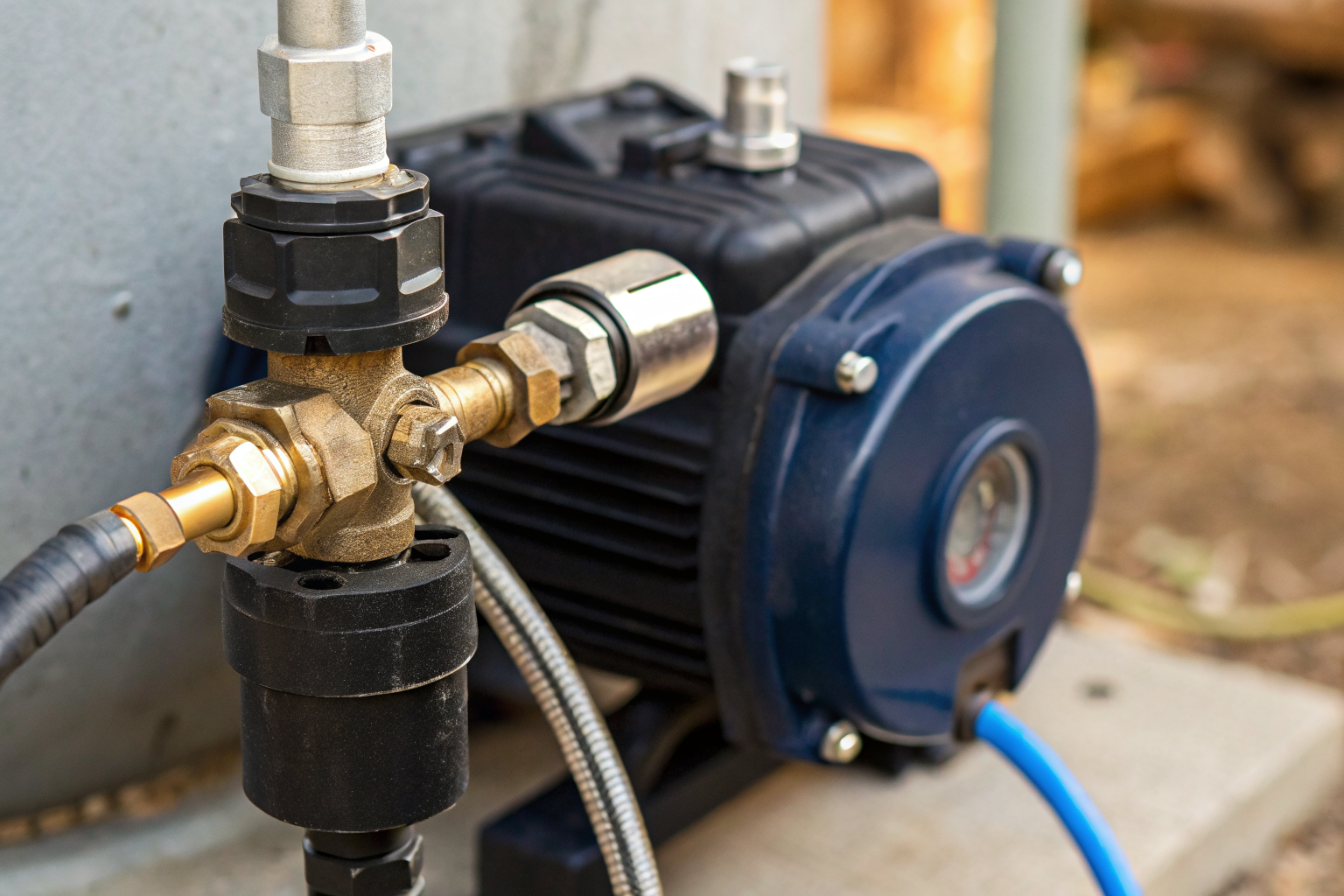 Pressure switch on well pump showing cut-in and cut-out settings.