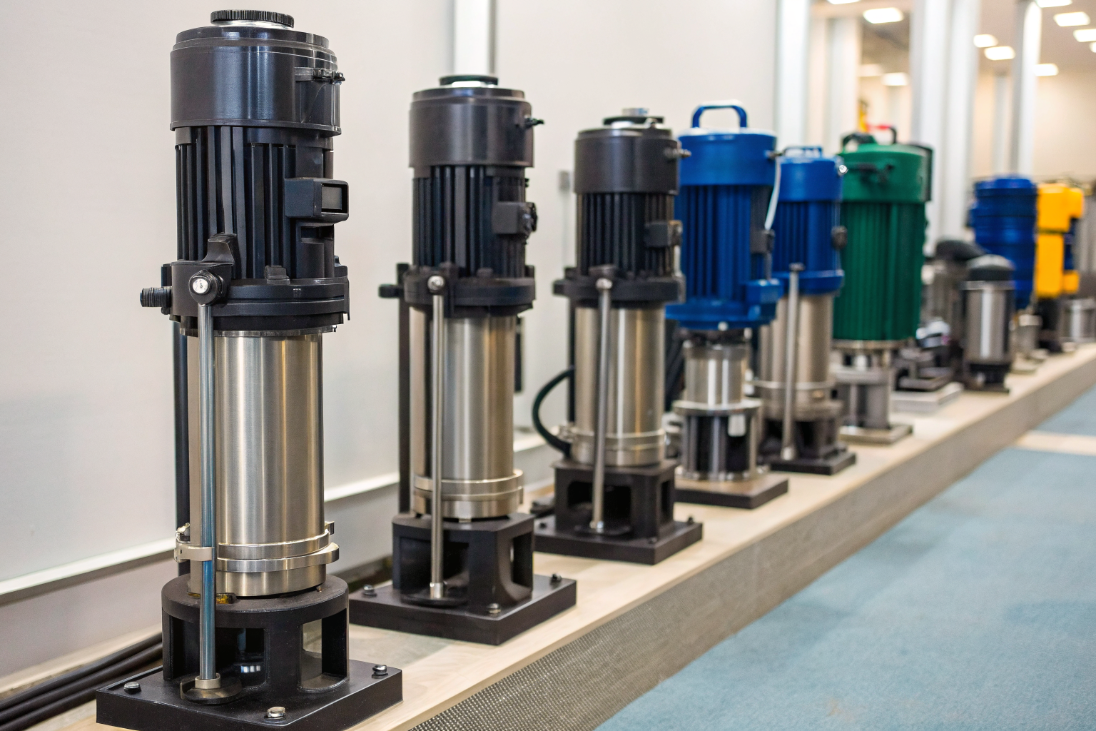 Well pumps arranged by depth in showroom.