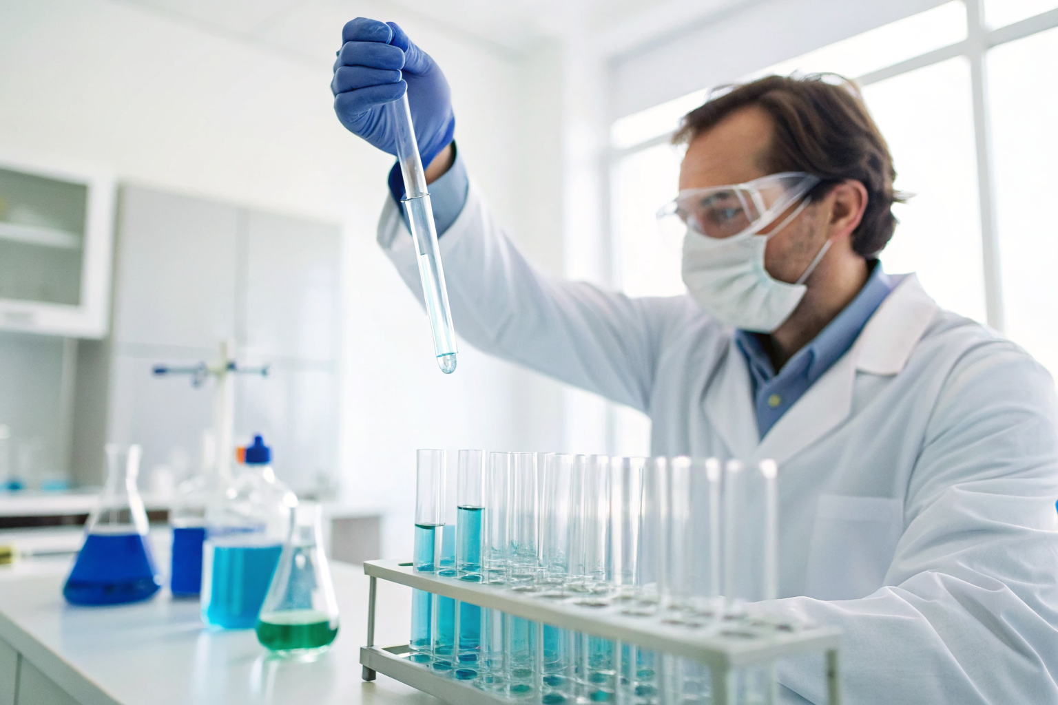 Scientist in lab holding test tube labeled well water sample.