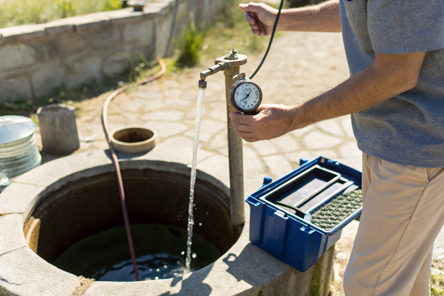 Person with stopwatch and testing kit by a well.