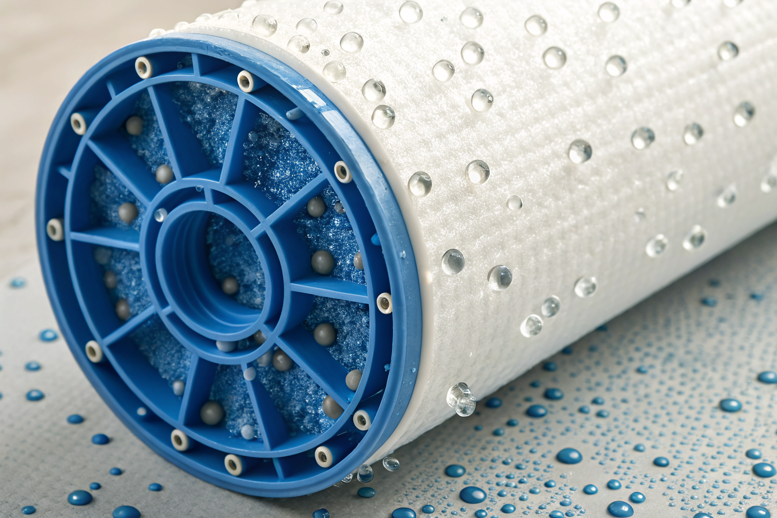 Cross-section of RO membrane filtering contaminants in detail.