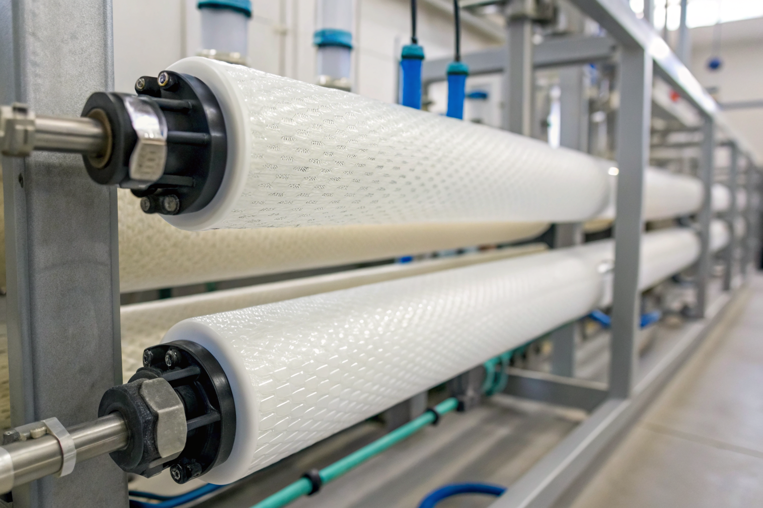 Close-up of reverse osmosis membrane filtering water molecules.