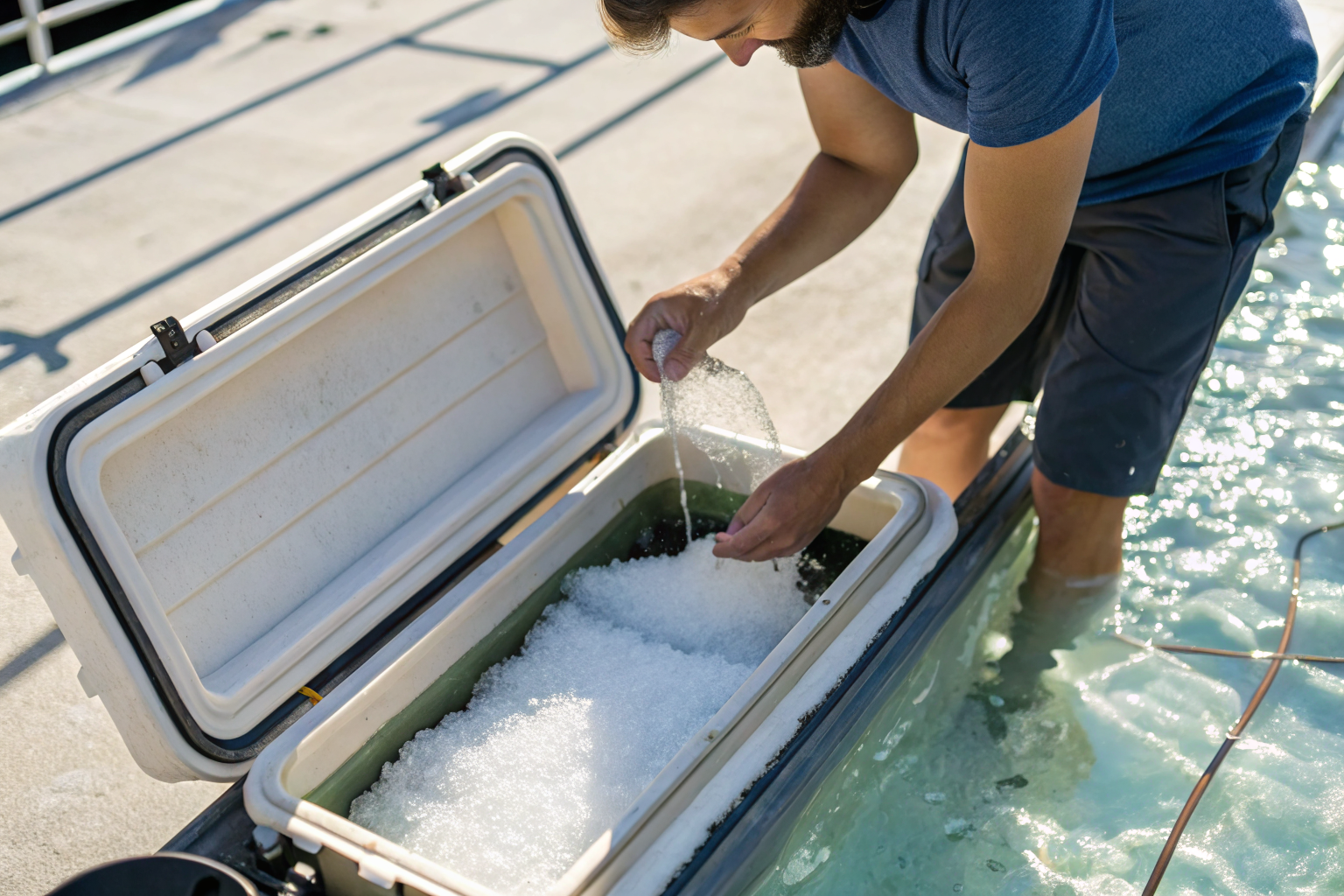 Person inspecting salt levels in open brine tank.