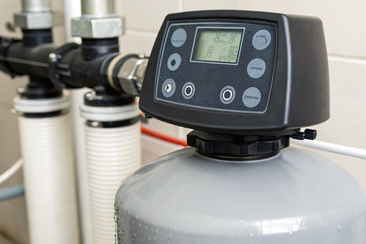 Close-up of water softener display with adjusted settings.
