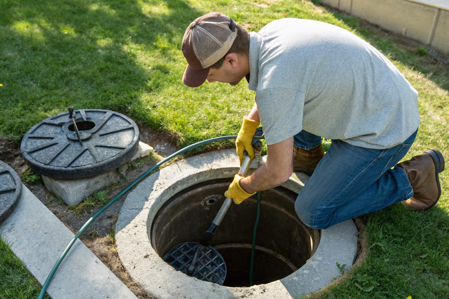 Person removing a well cap carefully with tools.