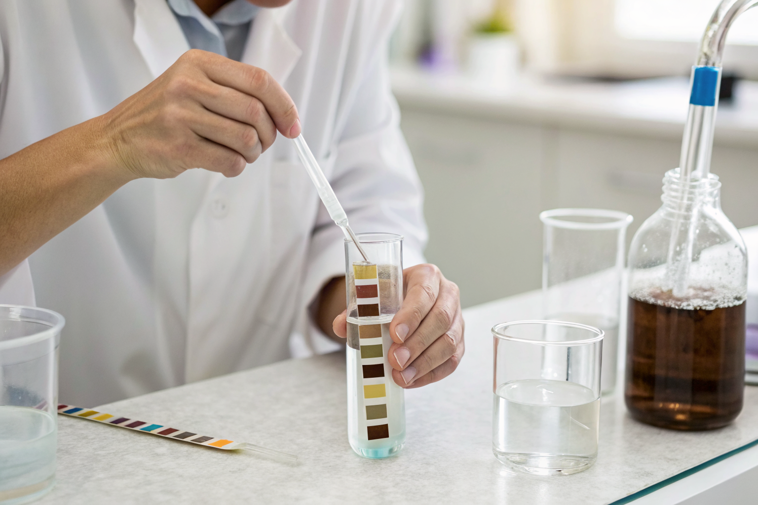 Person using test strips to measure well water hardness.