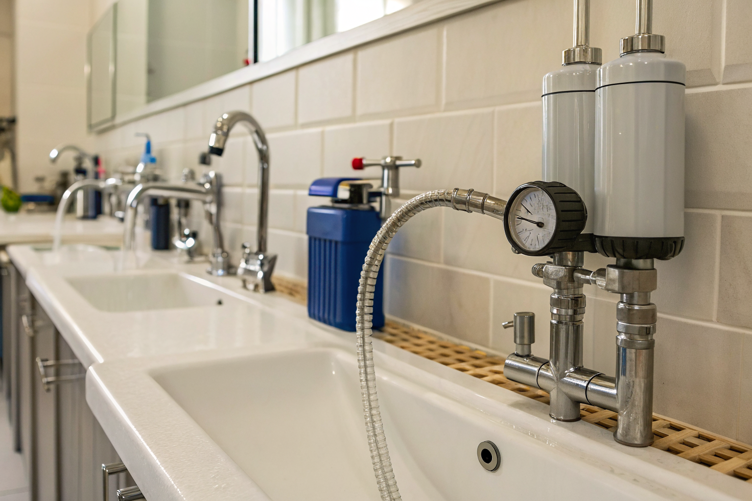 Multiple water fixtures running to test peak flow rate.