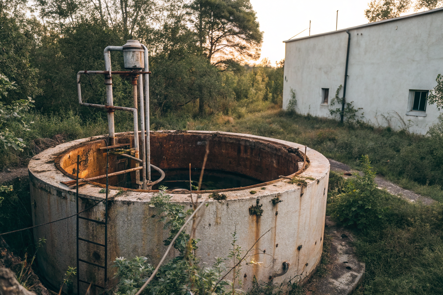 Neglected water system with rust and sediment buildup.