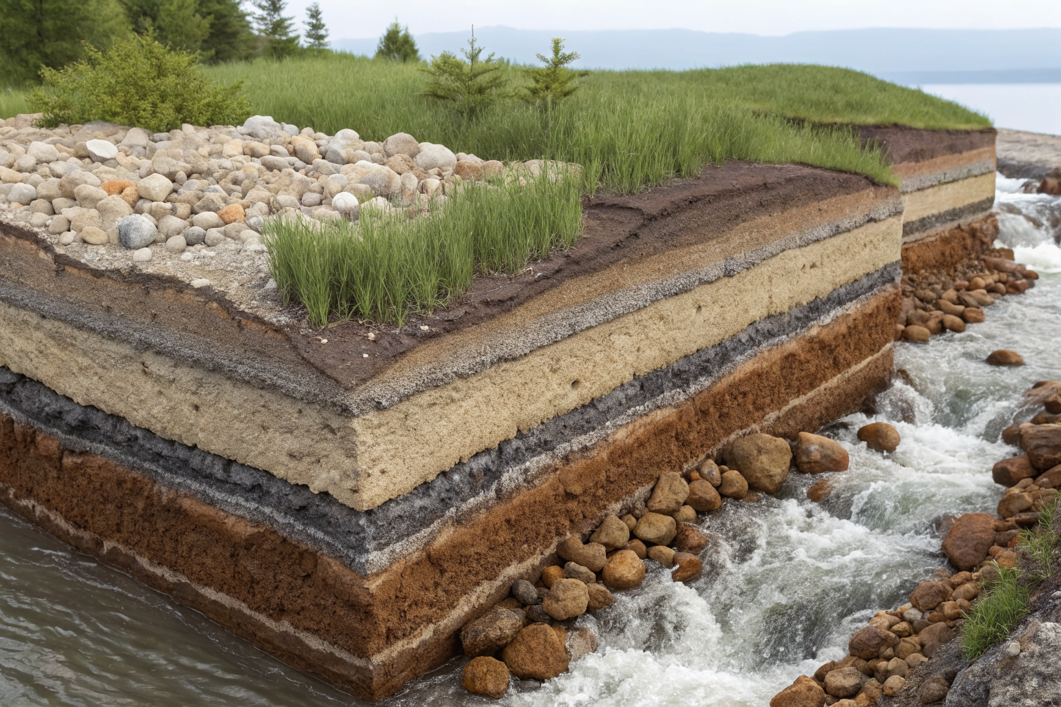 Terrain cross-section with water flow through rock layers.