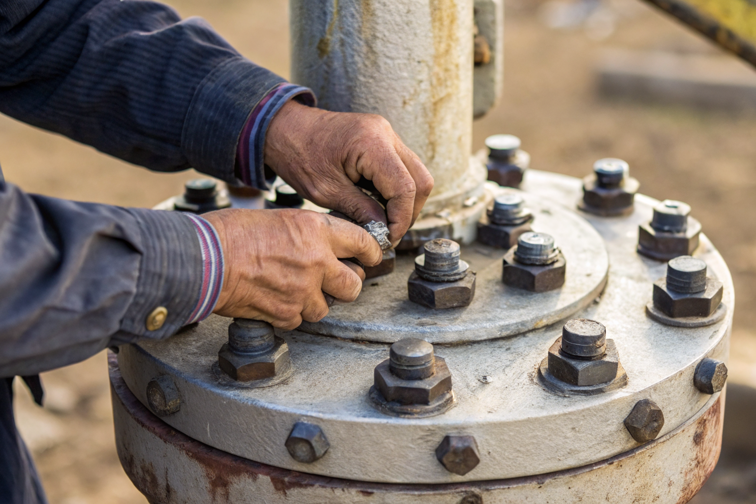 Close-up of hands inspecting a well cap for cracks.