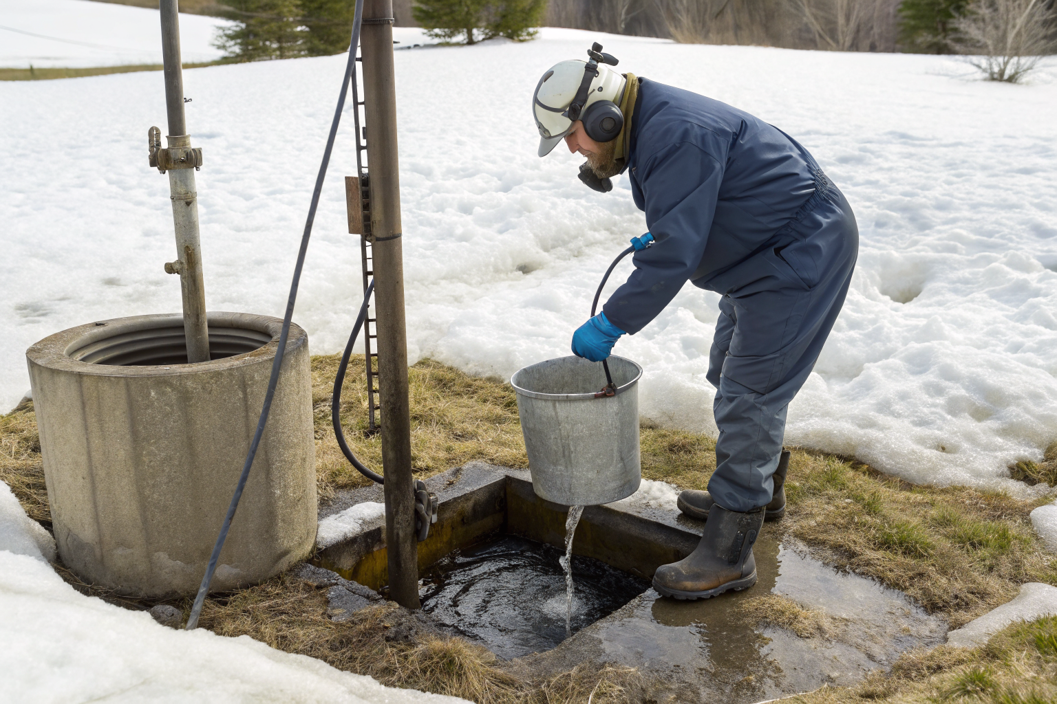 Technician collecting water samples from well with melting snow.