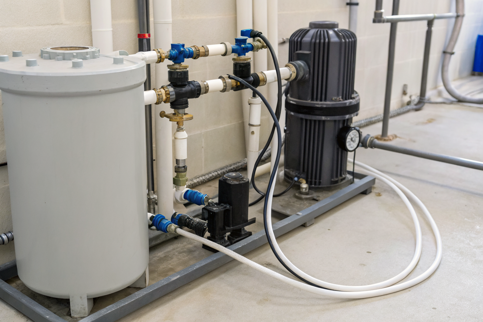 H2O2 system installation with Teflon and PVC parts for well water.