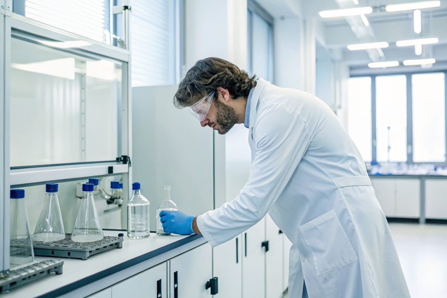 Scientist testing water samples for hydrogen sulfide in a lab.