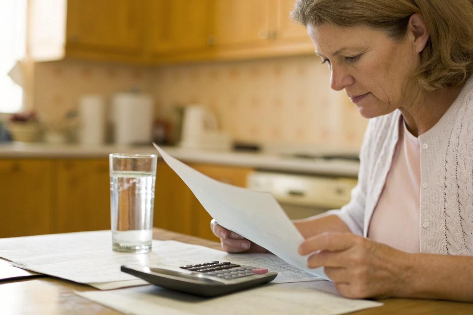 Homeowner reviewing water test results and costs at a kitchen table.
