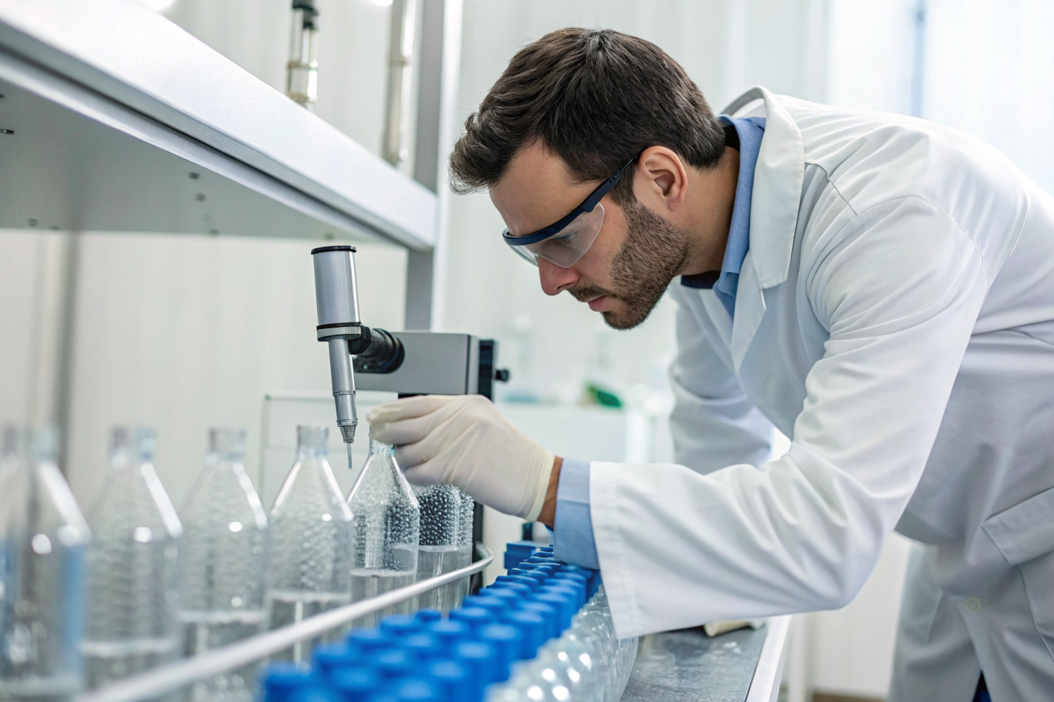 Lab technician analyzing well water samples in a modern lab.