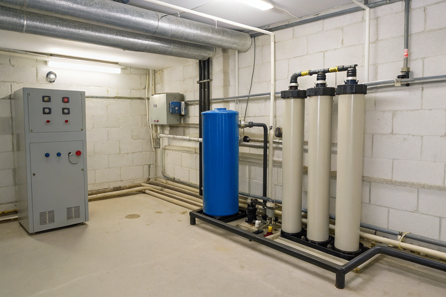 UV disinfection system installed in a basement with pipes.