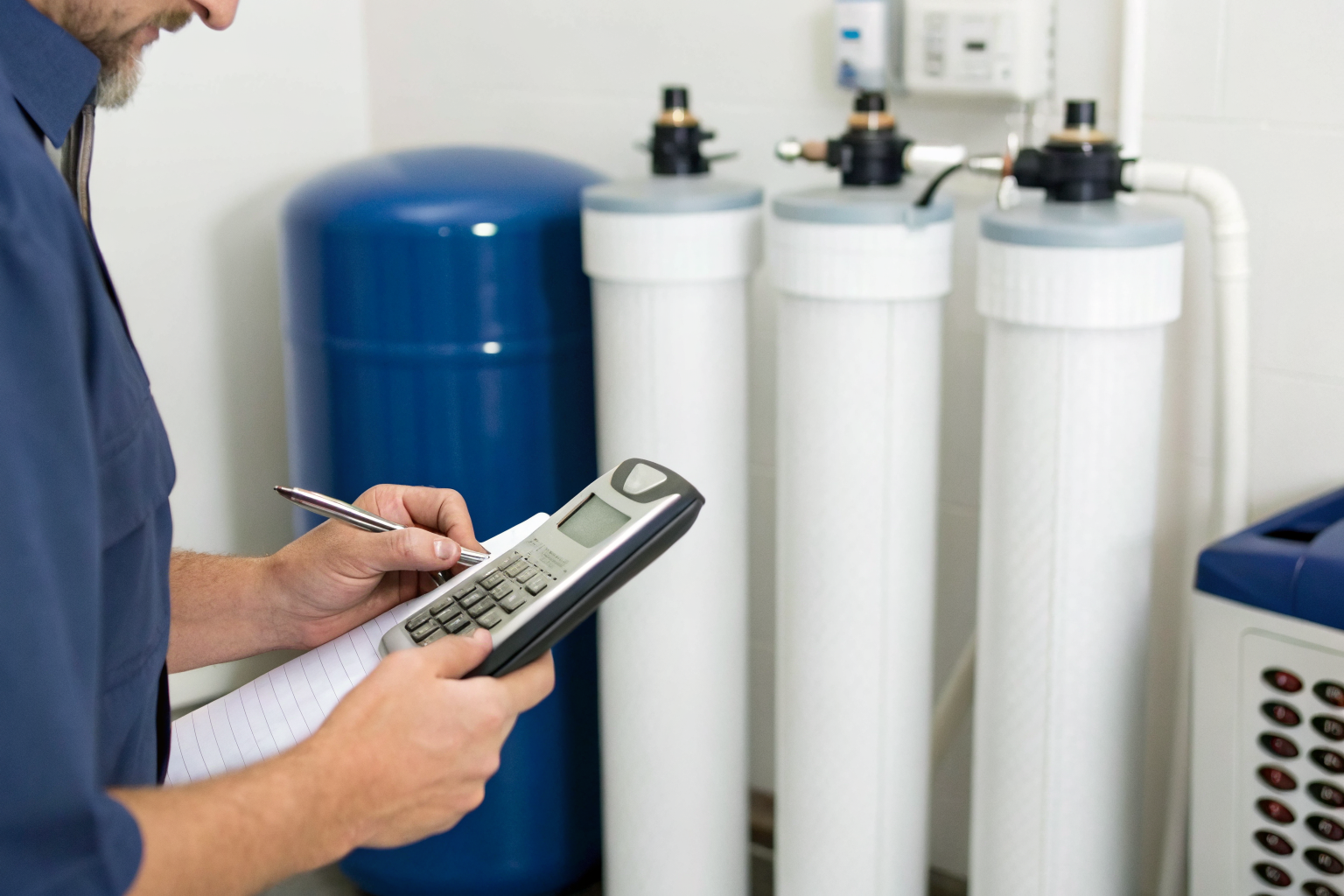 Homeowner calculating water treatment system sizing with devices in background.