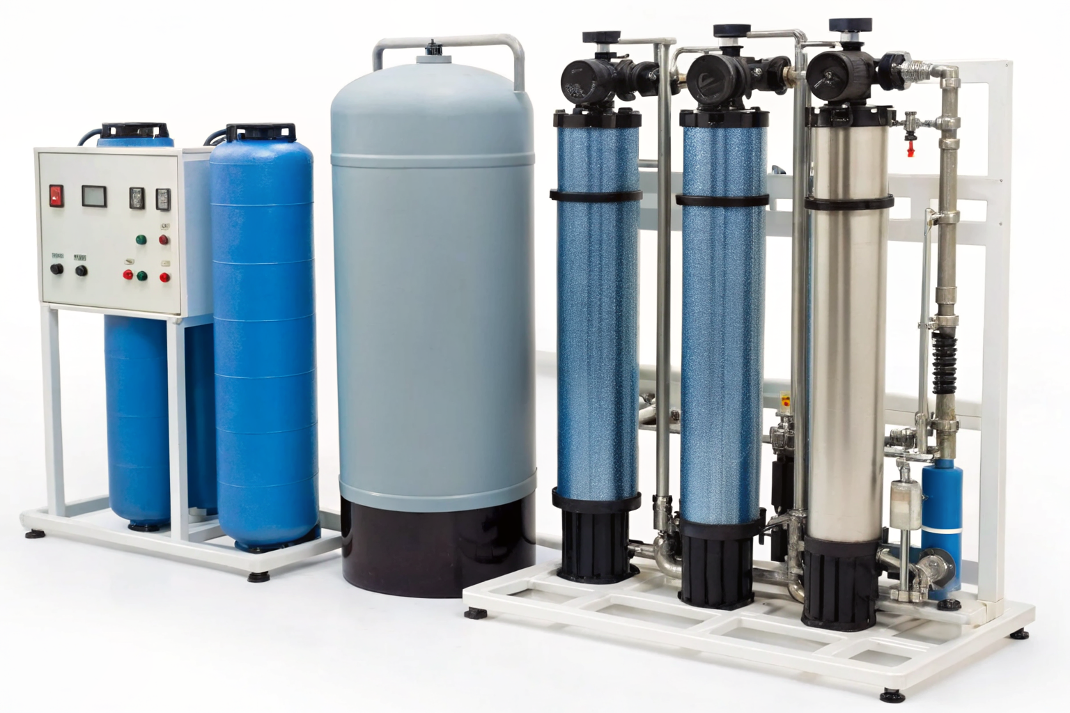 Illustration of different water treatment systems with labels.