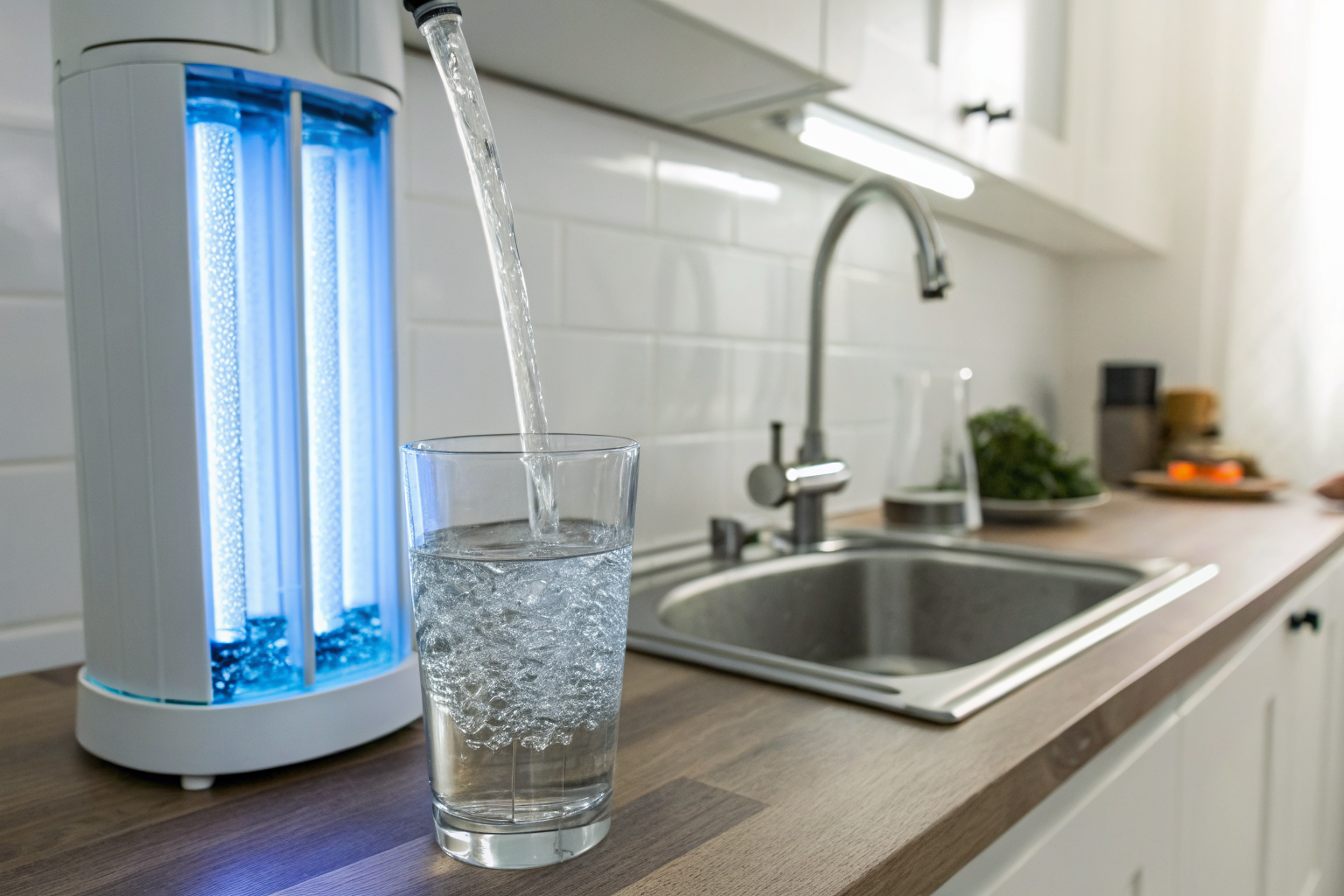 Water flowing through a UV disinfection unit into a glass.