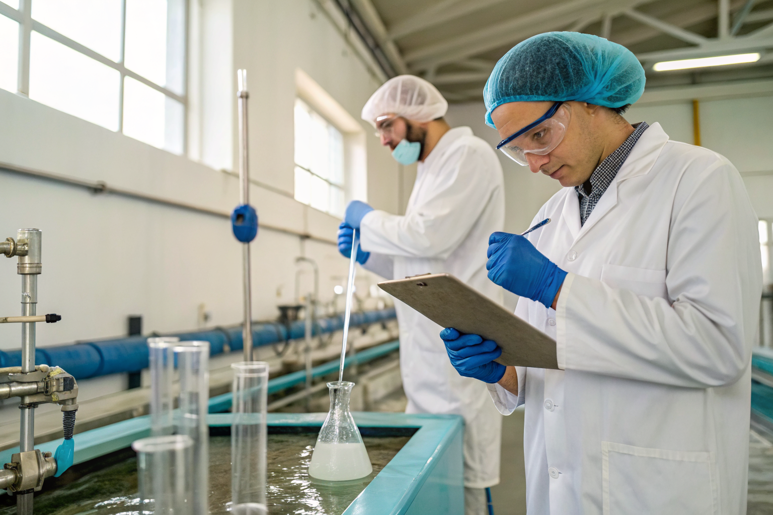 Technicians testing water quality parameters in a lab environment.