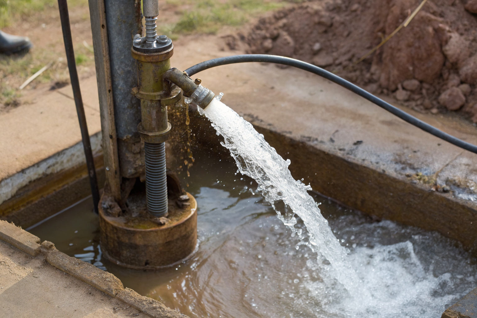 A well pump mechanism moving water from an aquifer to a house.