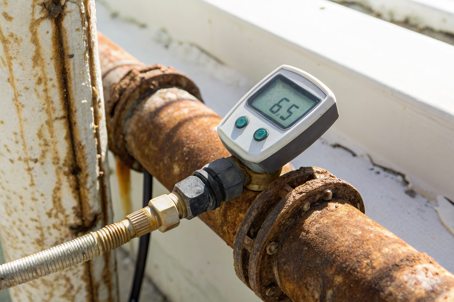 pH meter showing below 6.5 next to corroded pipe.