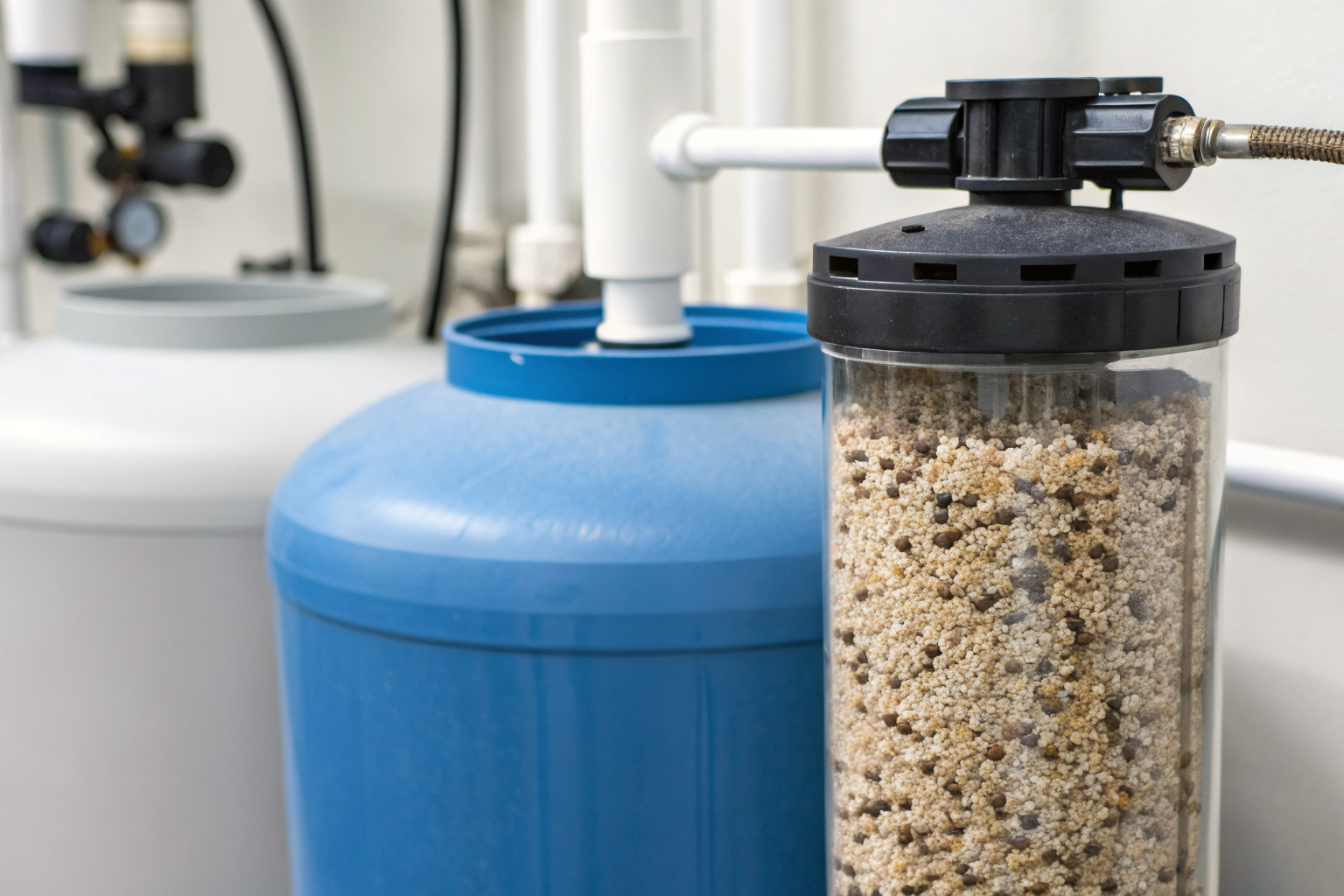 Ion exchange water softener unit with resin beads visible.