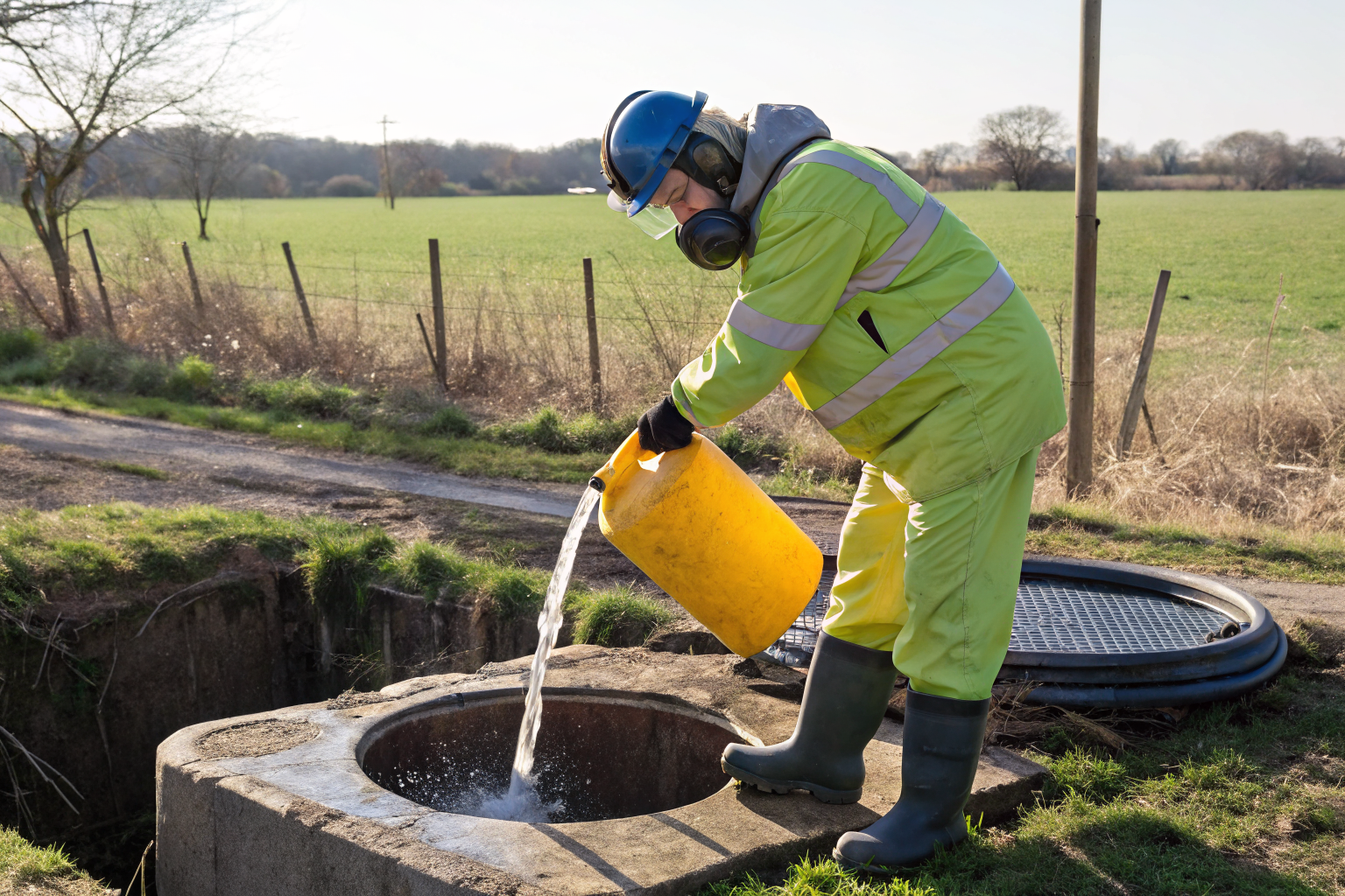 Person pouring chlorine into a well with safety gear.